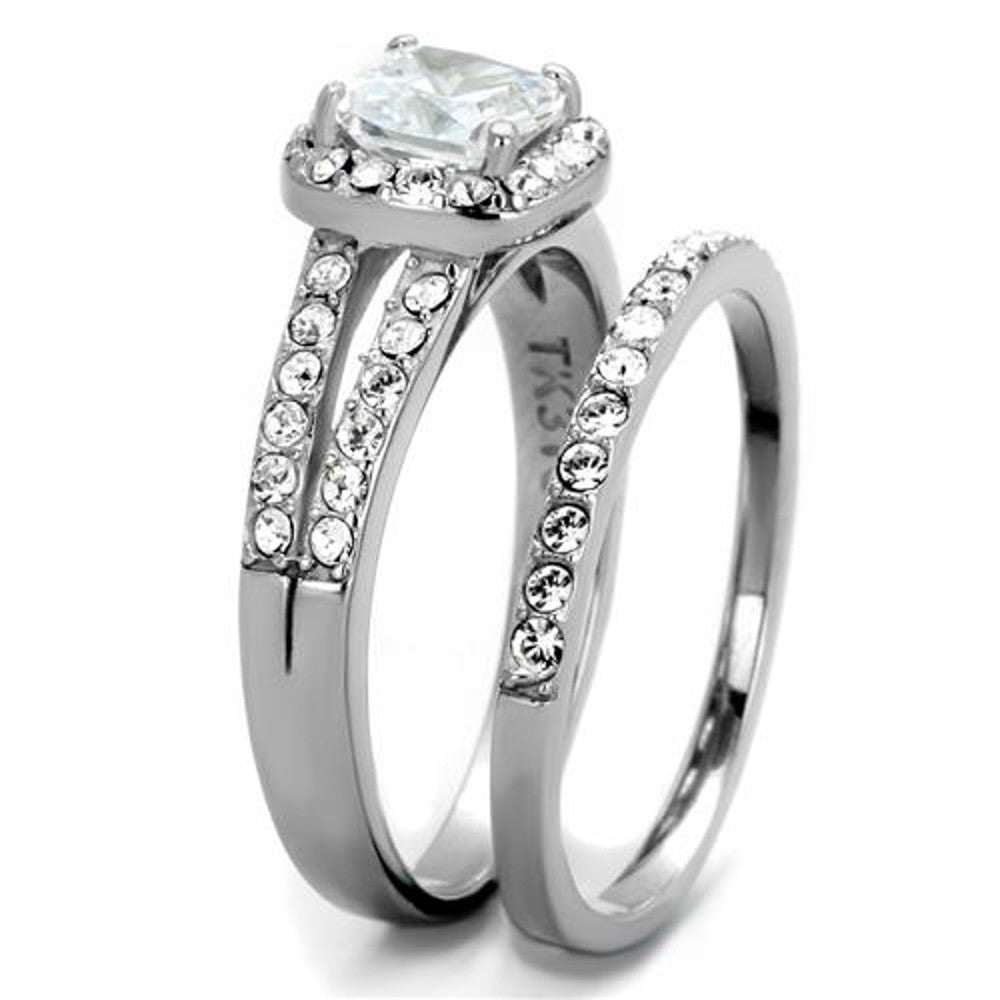 ARTK2180 Stainless Steel 1.8 Ct Halo Princess Cut CZ Wedding Ring Set Women's Size 5-10